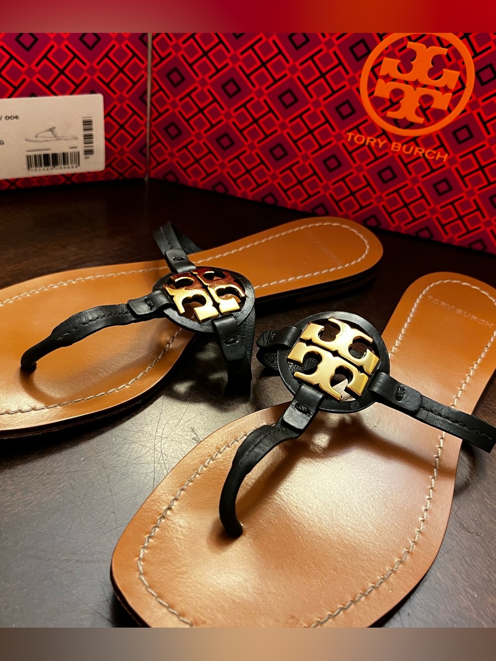 Tory Burch Black Leather Thong Sandals with Gold Logo